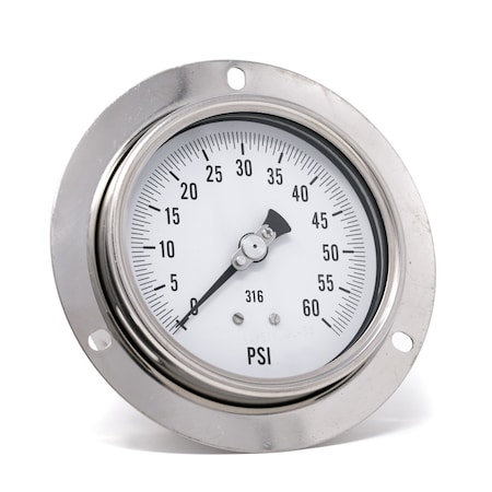 Pro 4in Dial, 0/60 PSI, 1/4in NPT, Back Connection, Front Flange, Panel Mnt Dry/Fillable Pressure Gauge PRO-314D-404D
